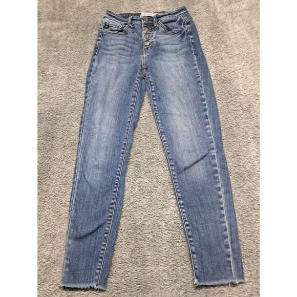 Kancan Jeans Womens Sz 25 Skinny Ankle Denim Blue Stretch Distressed Whiskers - Picture 2 of 13